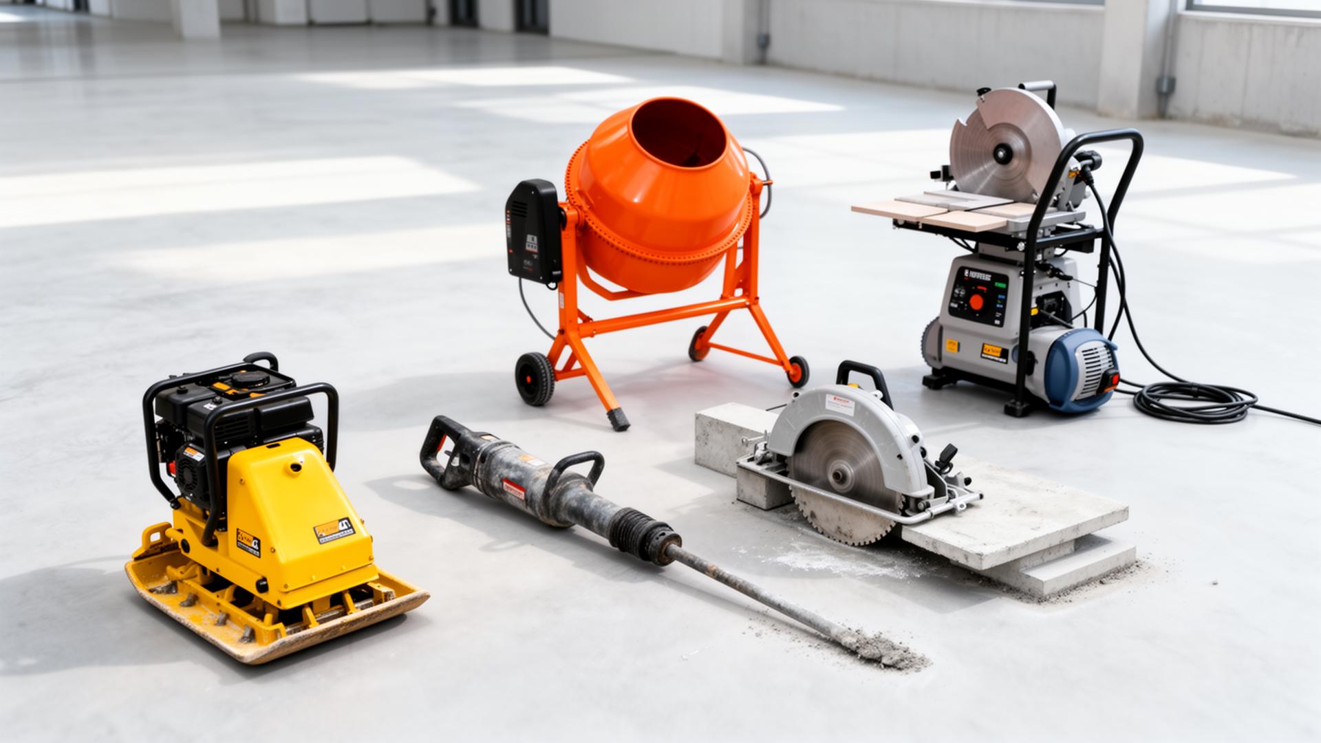 Plate compactor, demolition hammer, concrete saw, mixer, tile saw and pressure washer ready to rent